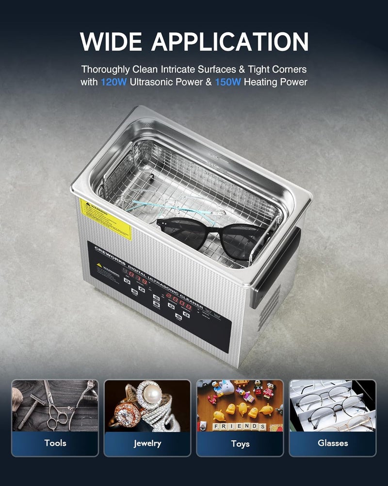 CREWORKS 3L Digital Ultrasonic Cleaner with Degas & Gentle Modes, 0.8 gal. Ultrasonic Cleaning Machine, 120W Professional Ultrasound Cleaner with 150W Heater & 1-30 min. Timer for Glasses Toys Tools - Image 5